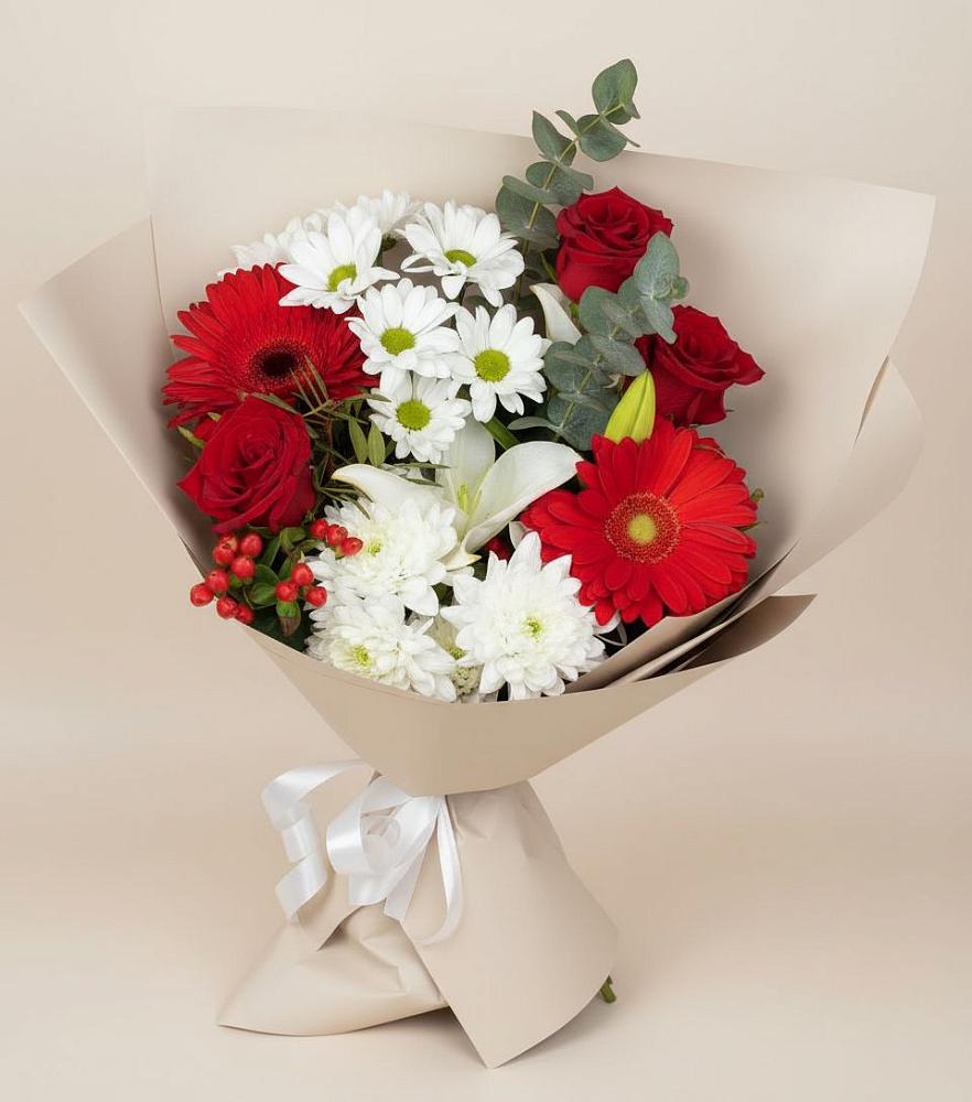 Букет цветов из: Розы, Хризантемы, Герберы и Лилии в Веселоярске