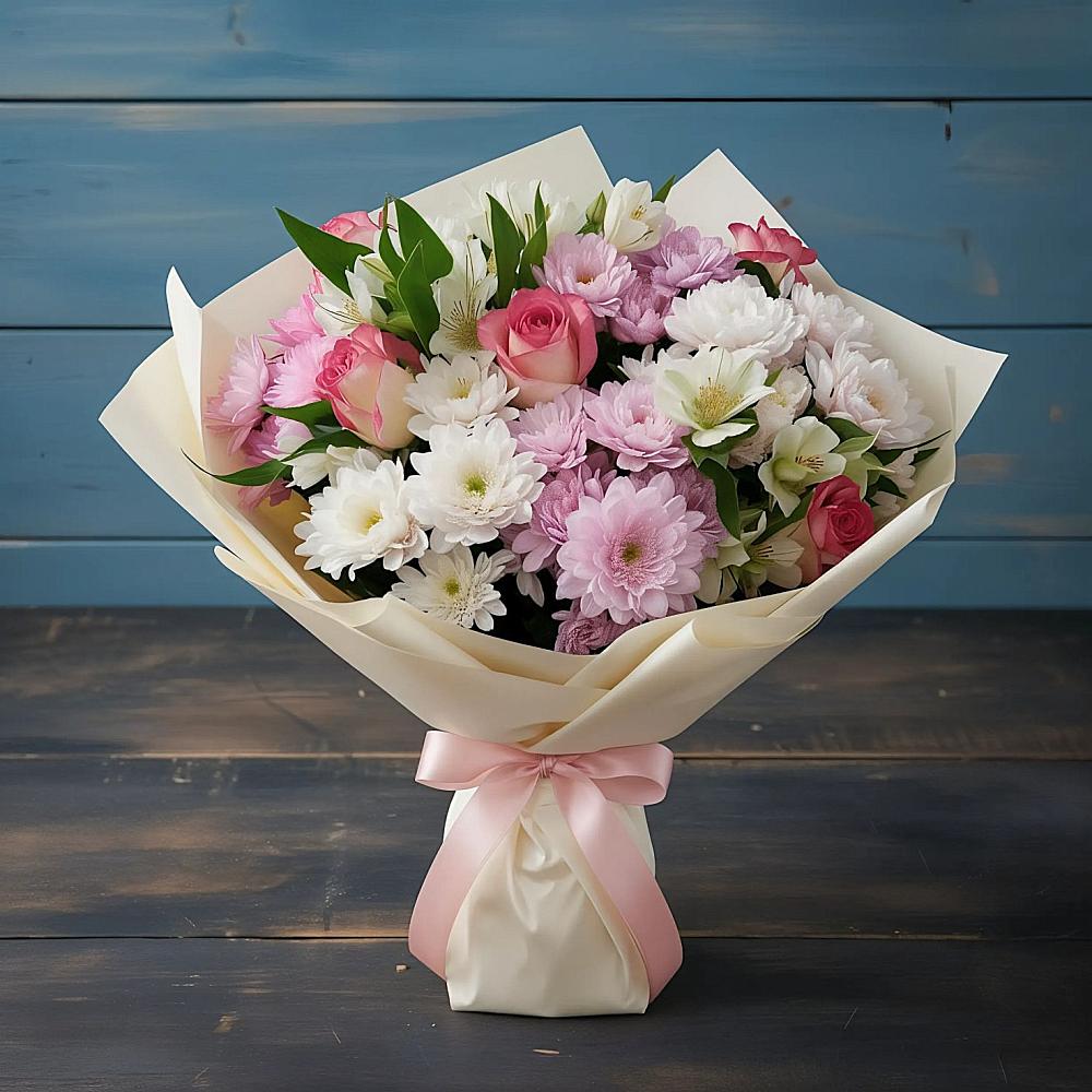 Букет цветов из: Хризантемы, Альстромерии и Розы в Веселоярске